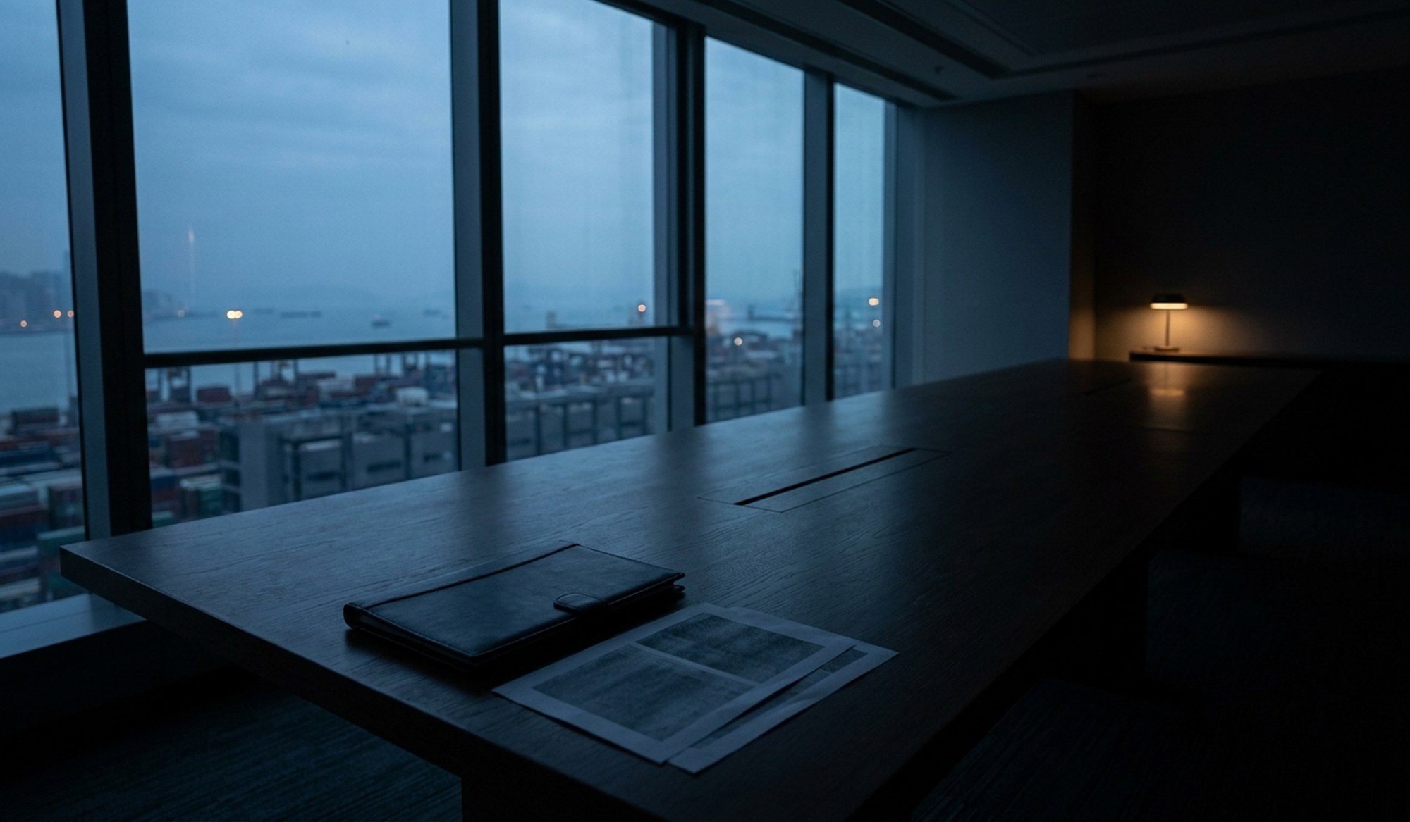 Meeting table by a window in a Hong Kong office at dusk